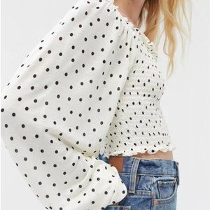 UO | PLUM POLKA DOT Ryan Smocked Square Neck Long Sleeve